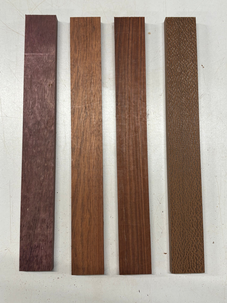 4 Pack, 4 Species Purpleheart + Bloodwood + Padauk + Leopardwood Thin Stock Lumber 16"x2"x3/4"#7471