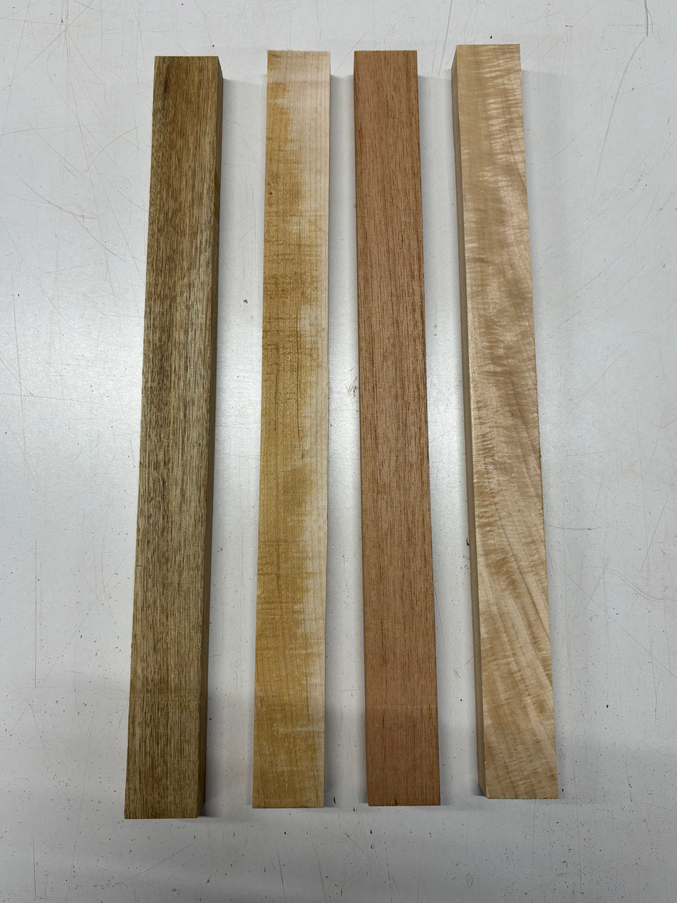 4 Pack, 4 Species White Limba + Hard Maple + Spanish Cedar + Basswood Thin Stock Lumber 21"x1-7/8"x1"#7484