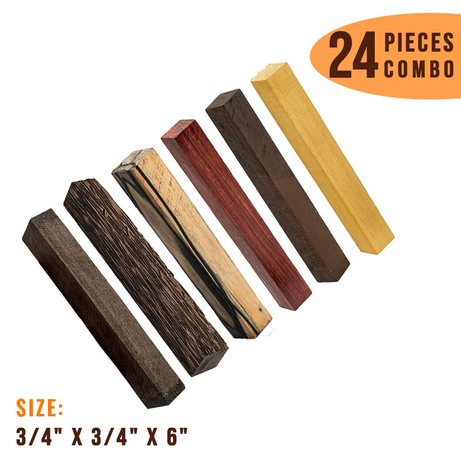 Combo Pack of 24 Pen Blanks - 3/4" x 3/4" x 6” (Indian Rosewood , Black Palm , Black and White Ebony , Granadillo , Ziricote , Osage Orange)