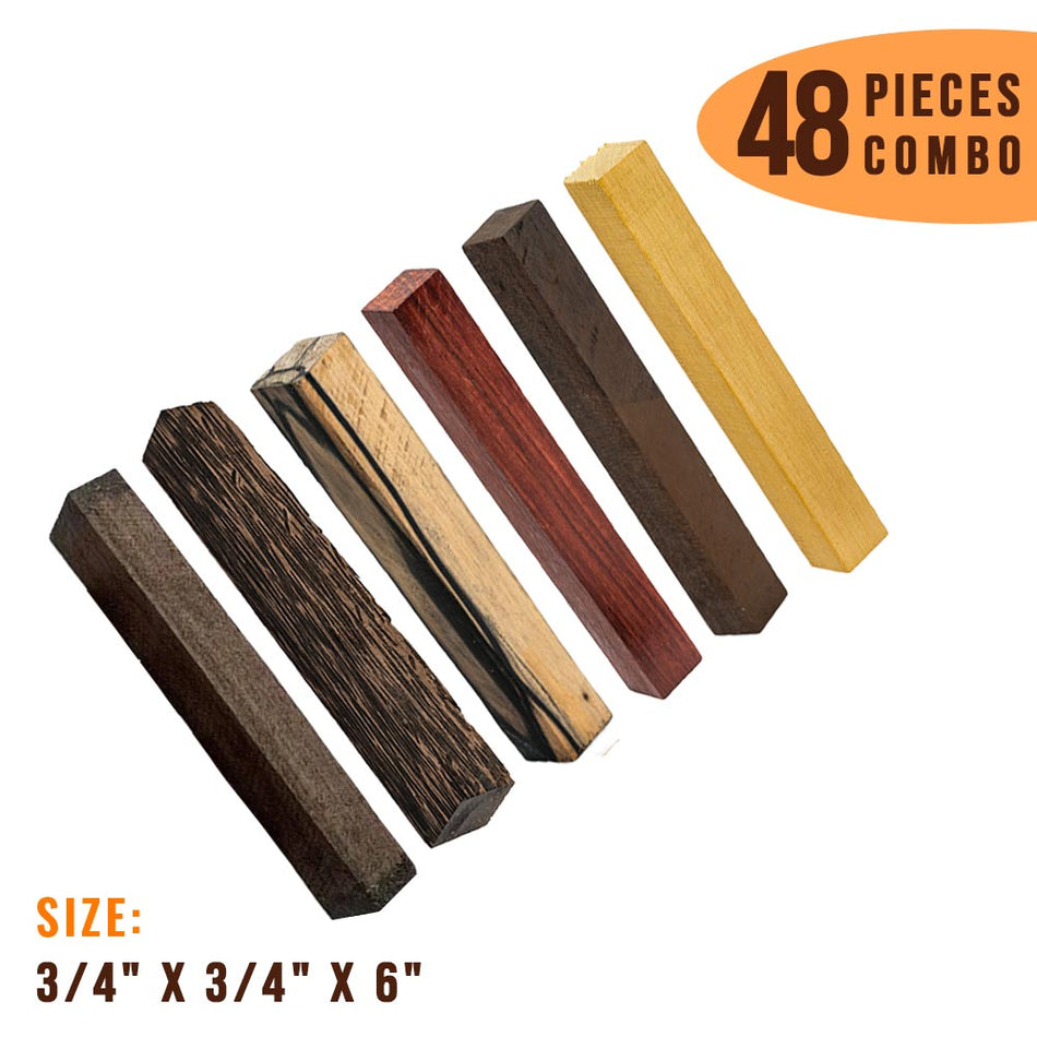 Combo Pack of 48 Pen Blanks - 3/4" x 3/4" x 6” (Indian Rosewood , Black Palm , Black and White Ebony , Granadillo , Ziricote , Osage Orange)