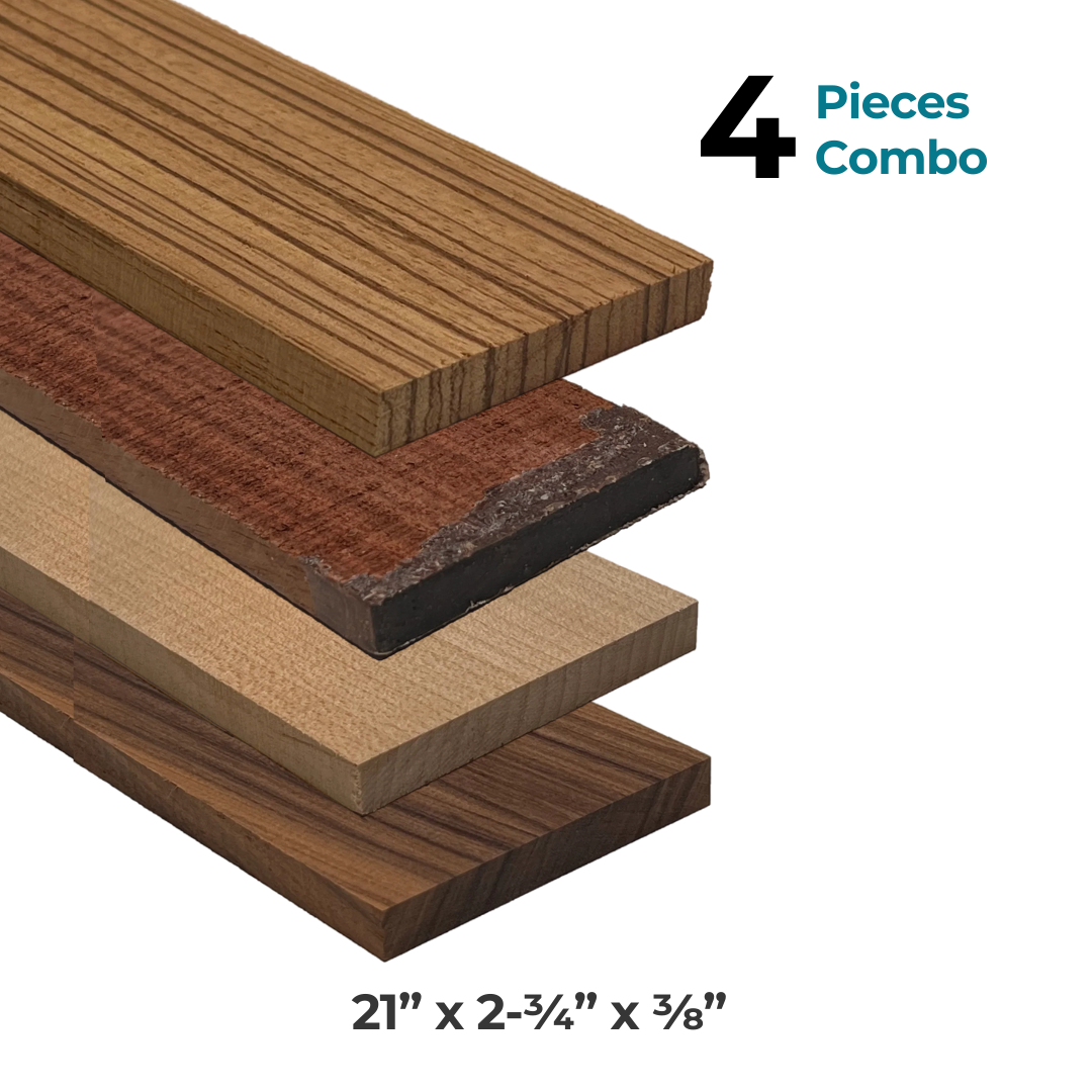 Combo Pack of 4 Fingerboards - 21&quot; x 2-3/4&quot; x 3/8&quot;  (Rosewood, Zebrawood, Santos Rosewood, Hard Maple) - Exotic Wood Zone - Buy online Across USA 