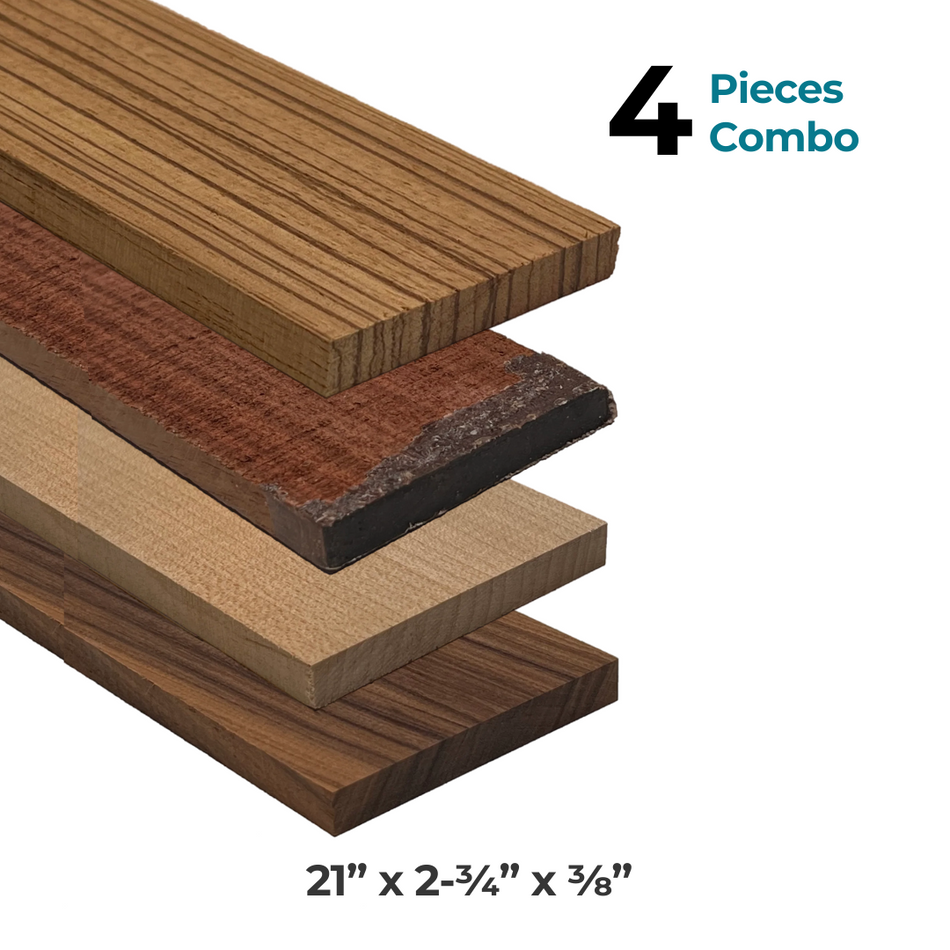 Combo Pack of 4 Fingerboards - 21" x 2-3/4" x 3/8"  (Rosewood, Zebrawood, Santos Rosewood, Hard Maple) - Exotic Wood Zone - Buy online Across USA 