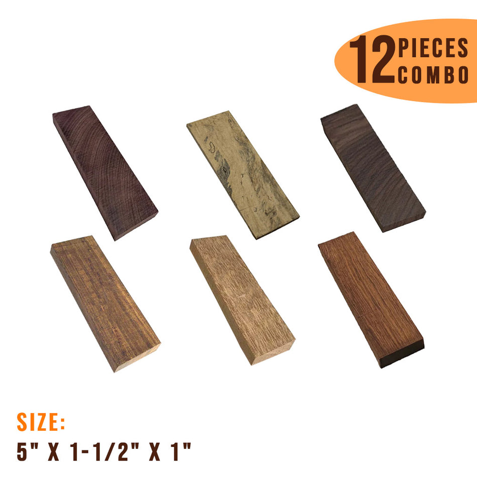 Combo Pack of 12, Multispecies Wood Knife Blanks 5" x 1-1/2" x 1" (Purpleheart + Tamarind + Indian Rosewood + Cocobolo + Honduras Rosewood + Granadillo)