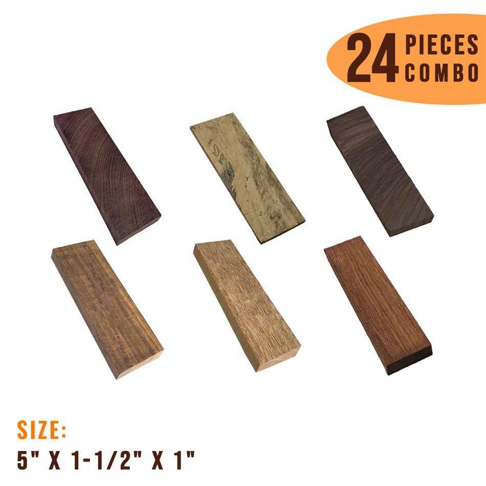 Combo Pack of 24, Multispecies Wood Knife Blanks 5" x 1-1/2" x 1" (Purpleheart + Tamarind + Indian Rosewood + Cocobolo + Honduras Rosewood + Granadillo) (Copy)