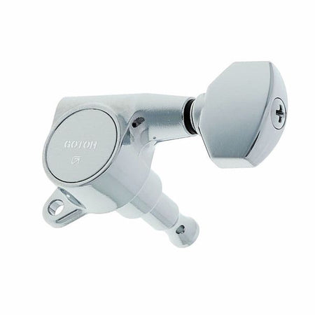 Chrome guitar tuning pegs on a white background