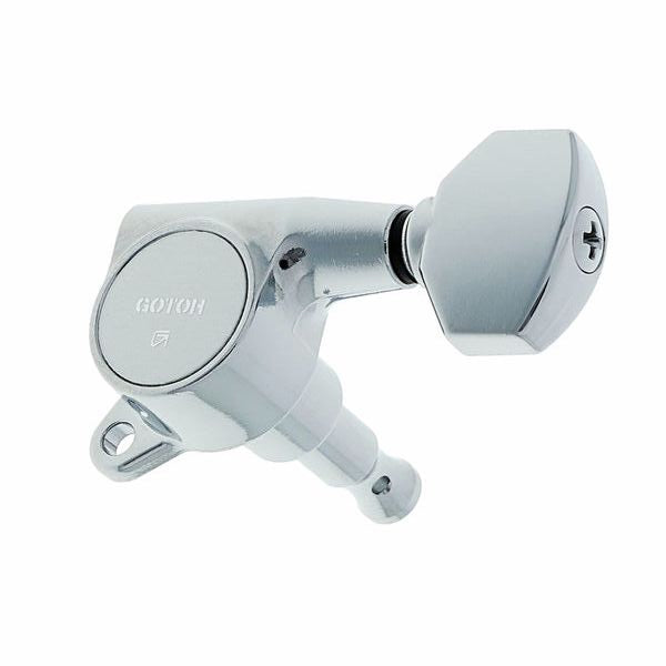 Chrome guitar tuning pegs on a white background