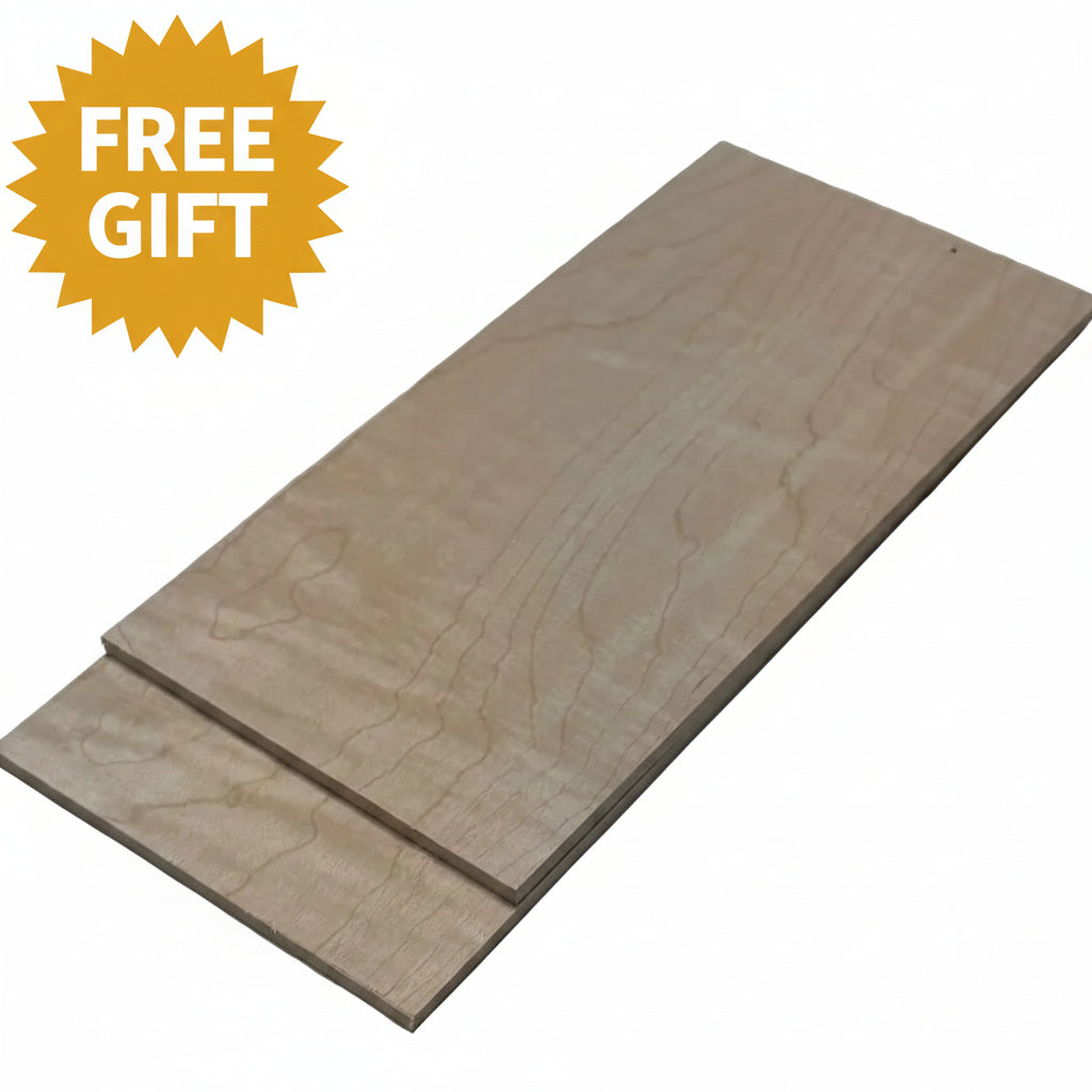 Two rectangular light wood panels with visible grain, stacked slightly offset on a light gray surface.