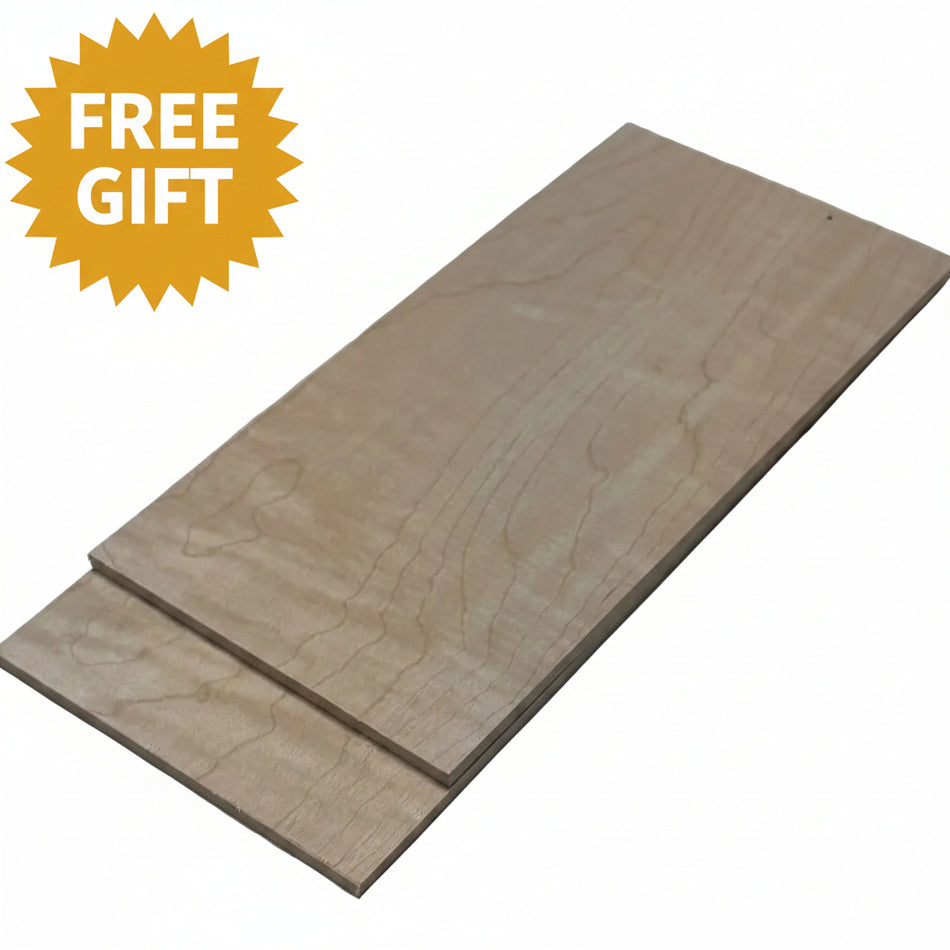 Two rectangular light wood panels with visible grain, stacked slightly offset on a light gray surface.