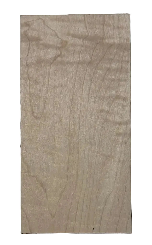 A rectangular piece of light-colored wood with prominent wavy grain patterns, displayed flat against a textured gray background.