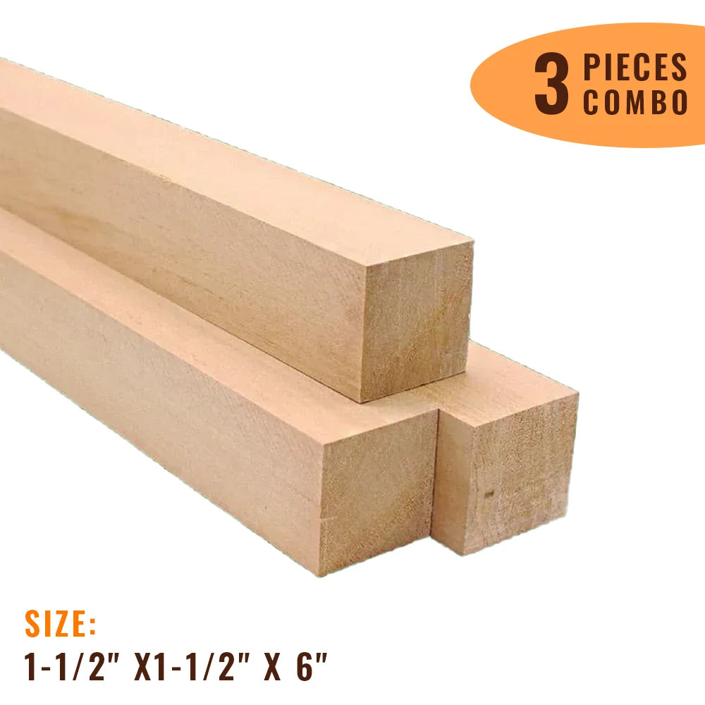Pack of 3, Basswood Turning Wood Blanks 1-1/2&quot; x 1-1/2&quot; x 6&quot; - Exotic Wood Zone - Buy online Across USA 