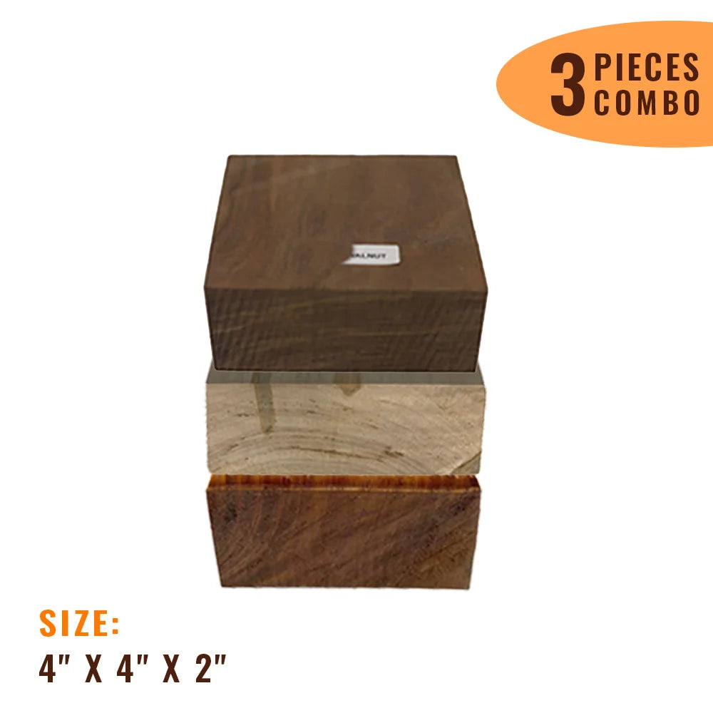 Pack of 3,  Multi-species Hardwood Bowl Turning Wood Blanks - 4&quot;x 4&quot;x 2&quot; (Ambrosia Maple, Mahogany, Walnut) - Exotic Wood Zone - Buy online Across USA 