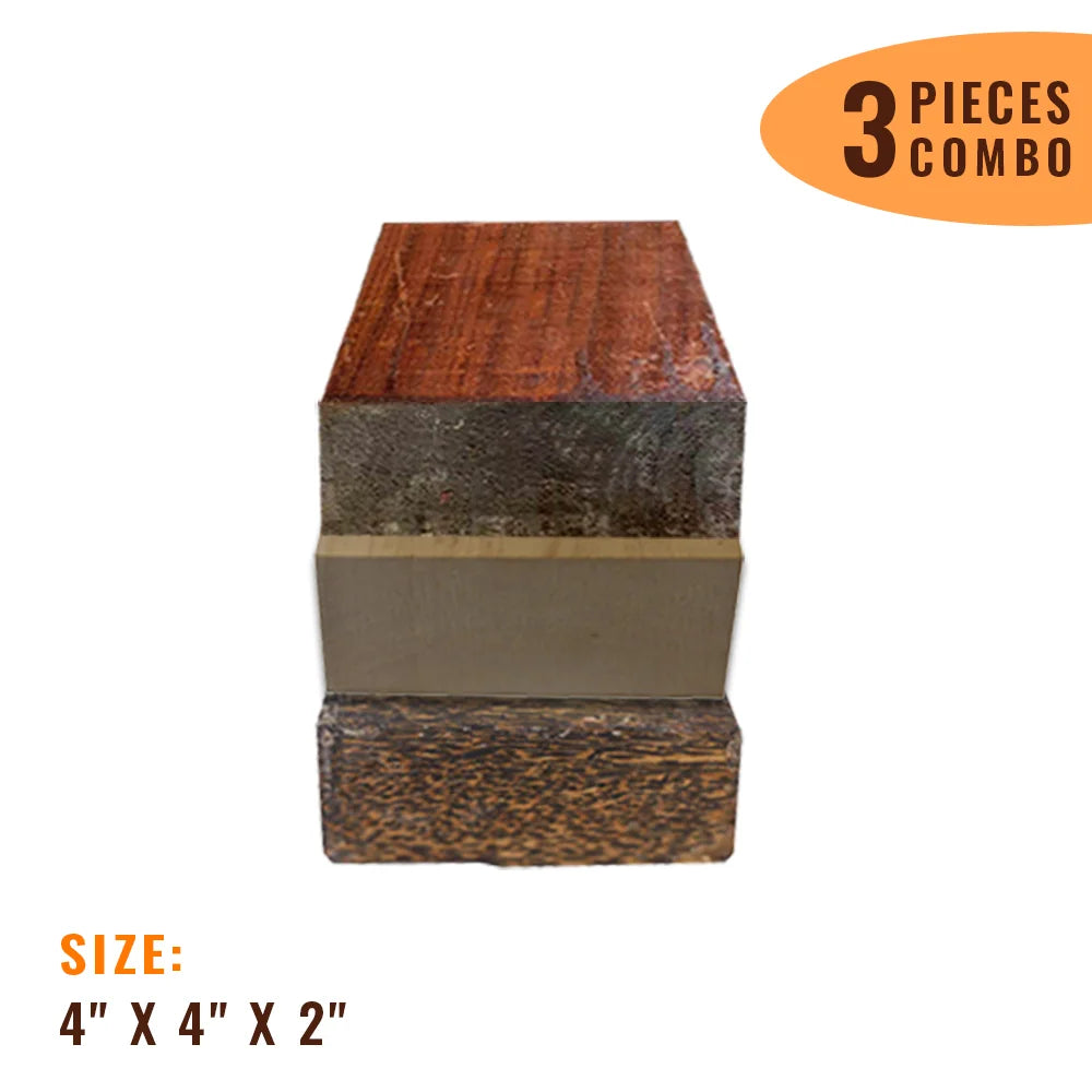 Pack of 3,  Multi-species Hardwood Bowl Turning Wood Blanks - 4&quot;x 4&quot;x 2&quot; (Basswood, Black Palm, Padauk) - Exotic Wood Zone - Buy online Across USA 