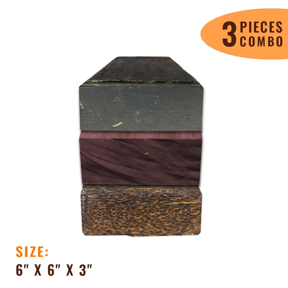 Pack of 3,  Multi-species Hardwood Bowl Turning Wood Blanks - 6&quot;x 6&quot;x 3&quot; (Black Palm, East Indian Rosewood, Purpleheart) - Exotic Wood Zone - Buy online Across USA 