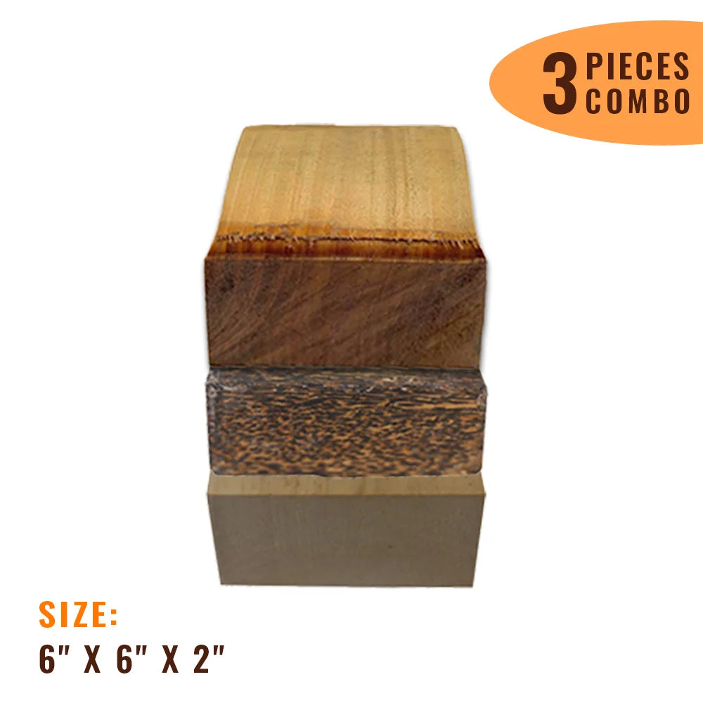 Pack of 3,  Multi-species Hardwood Bowl Turning Wood Blanks - 6&quot;x 6&quot;x 2&quot; (Basswood, Black Palm, Mahogany) - Exotic Wood Zone - Buy online Across USA 