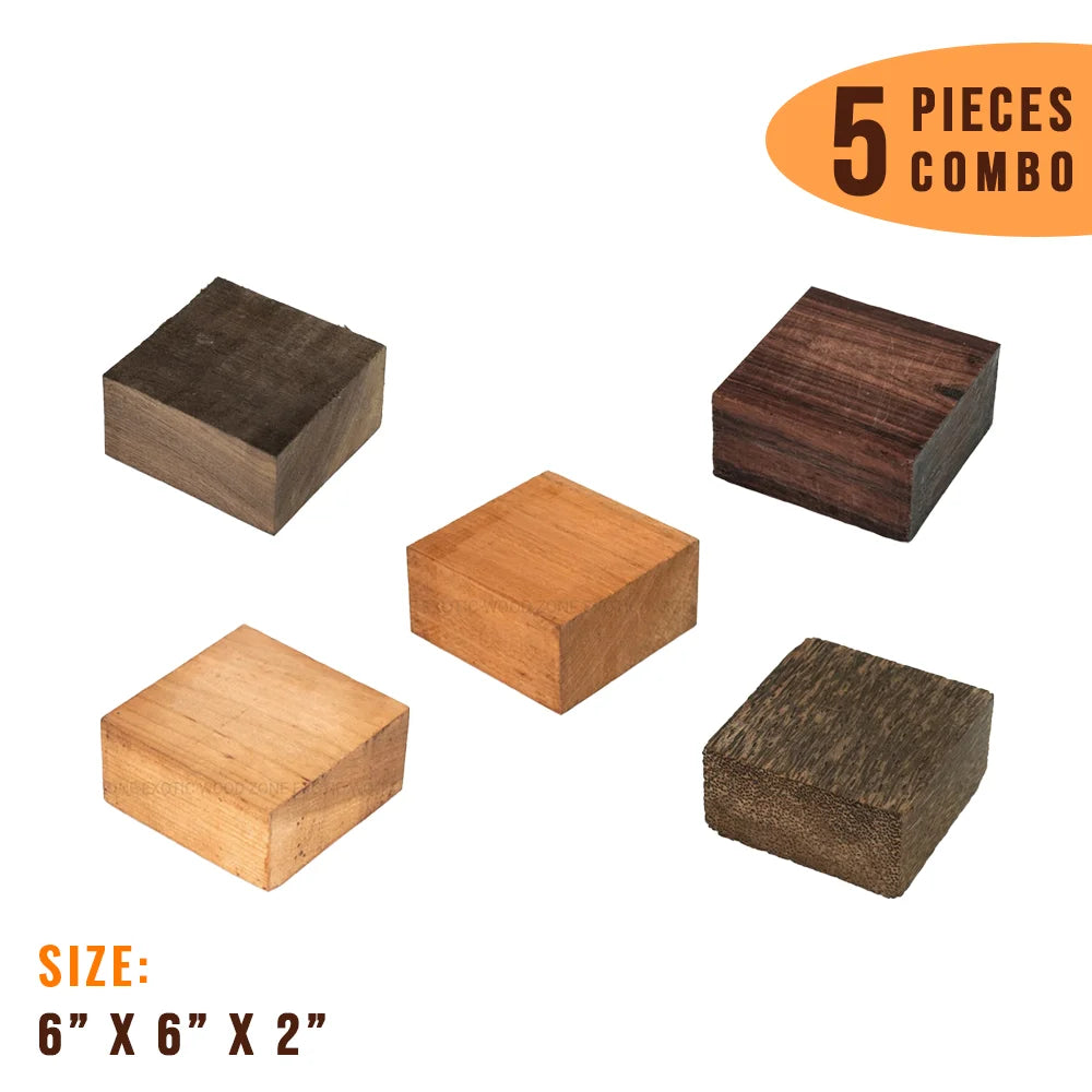 Pack Of 5, Wood Bowl Blanks Combo 6&quot; x 6&quot; x 2&quot; ( Walnut, Granadillo, Cherry, Black Palm, Mahogany ) - Exotic Wood Zone - Buy online Across USA 