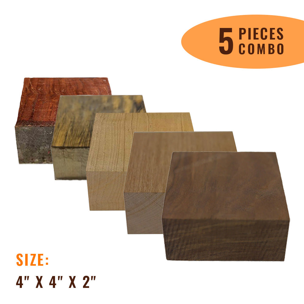 Pack Of 5, Wood Bowl Blanks Combo 4&quot; x 4&quot; x 2&quot; | (Walnut + Alder + Black Limba + Maple + Padauk) - Exotic Wood Zone - Buy online Across USA 