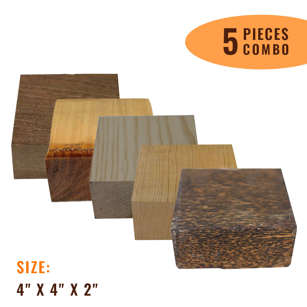 Pack Of 5, Wood Bowl Blanks Combo 4&quot; x 4&quot; x 2&quot; | (Maple + Mahogany + Black Palm + Sapele + Ash) - Exotic Wood Zone - Buy online Across USA 