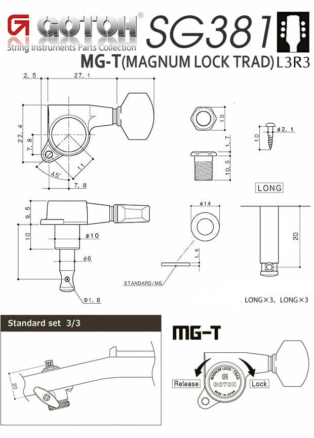 Gotoh Magnum Lock-Trad 3L+3R Guitar Tuners – 1:16 Ratio| Cosmo Black Finish Exotic Wood Zone 