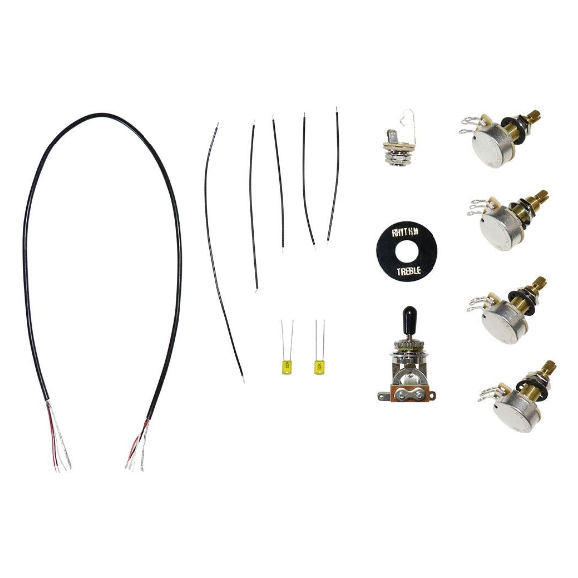 Guitar wiring kit with various components on a white background
