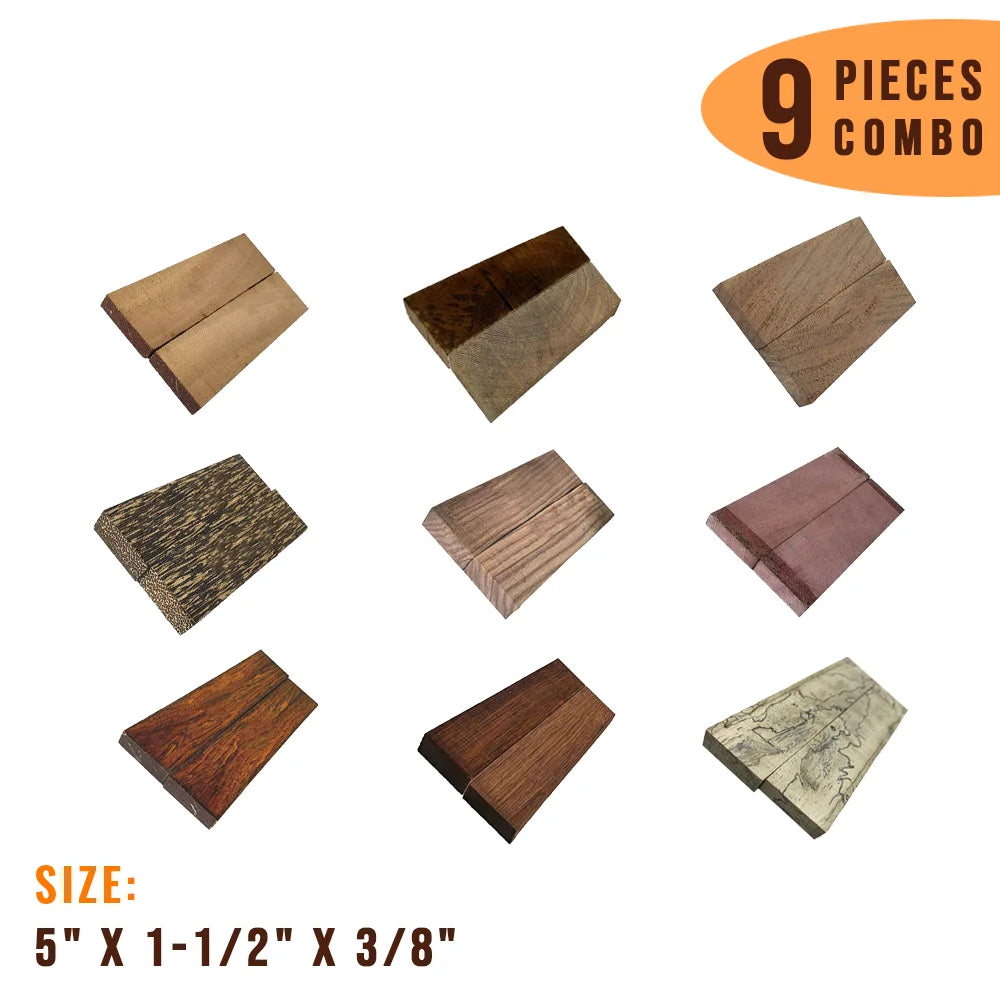 Combo Pack of 9, Multispecies Bookmatched Wood Knife Blanks/Knife Scales 5&quot; x 1-1/2&quot; x 3/8&quot; (Rosewood, Black Palm, Purpleheart, Mango, Tamarind, Walnut, Cocobolo, Mahogany, Honduras Rosewood )