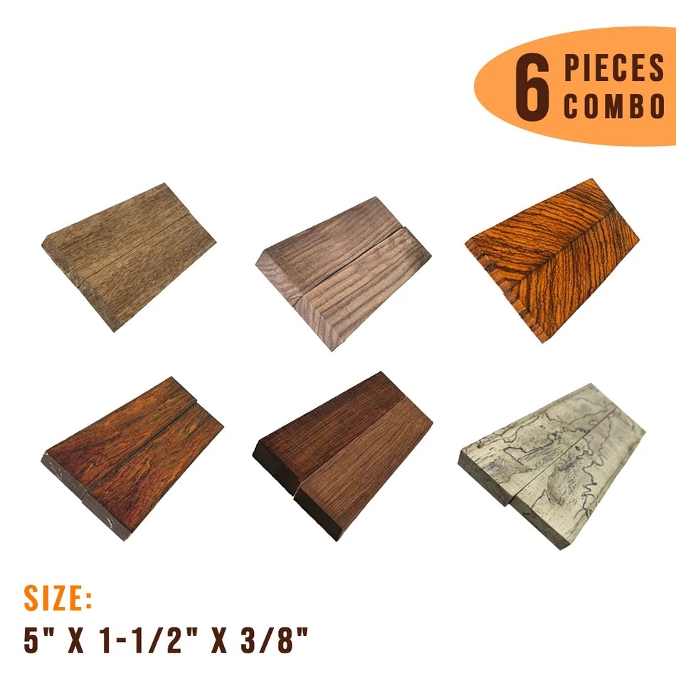 Combo Pack of 6, Multispecies Wood Knife Blanks/Knife Scales 5"x1-1/2"x3/8" (Cocobolo, Honduras Rosewood, Rosewood, Spalted Tamarind, Granadillo , Zebrawood ) - Exotic Wood Zone - Buy online Across USA 