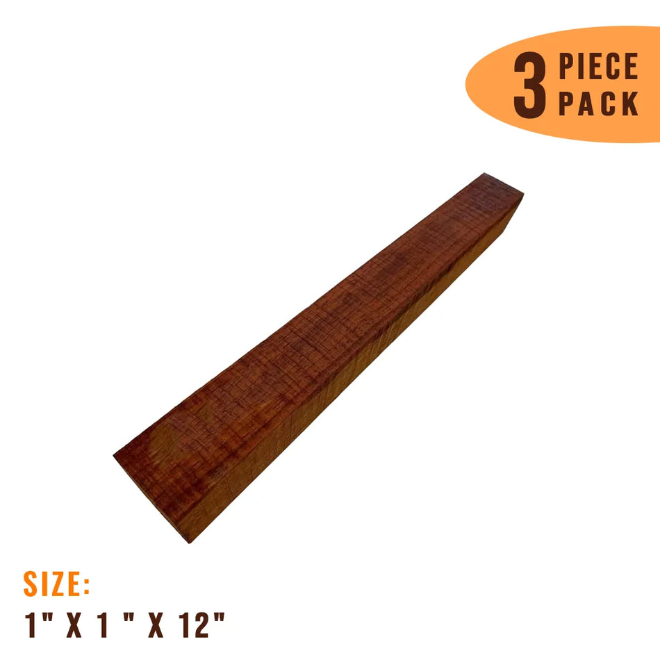 Pack of 3, Padauk Hobby Wood Blanks 1” x 1” x 12”