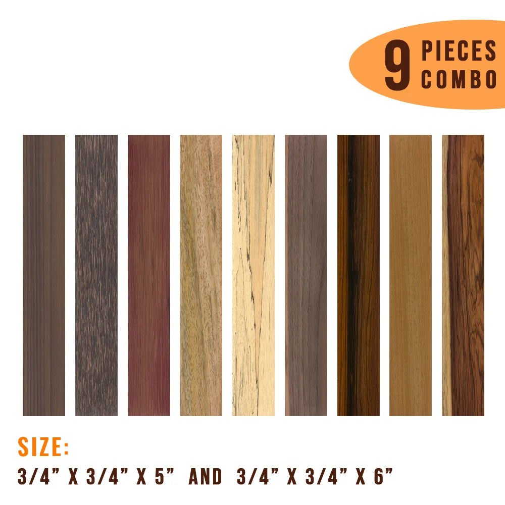 Combo Pack Of 9 Pen Blanks Multi Species in mix of sizes - 3/4&quot; x 3/4&quot; x 5&quot; - 3/4&quot; x 3/4&quot; x 6&quot; (Rosewood, Black Palm, Purpleheart, Mango, Tamarind, Walnut, Cocobolo, Mahogany, Honduras Rosewood ) - Exotic Wood Zone - Buy online Across USA 