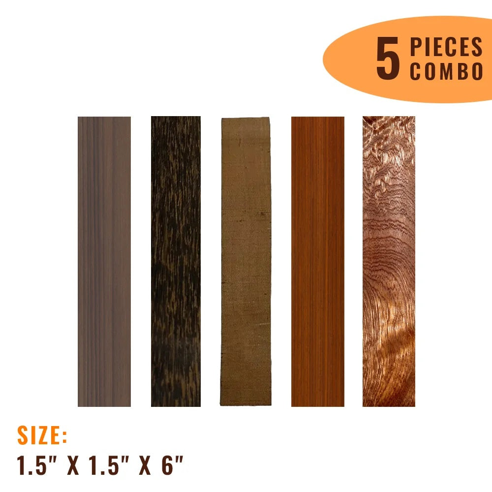 Pack of 5,  Multi-species Hardwood Turning Wood Blanks - 1-1/2&quot;x 1-1/2&quot;x 6&quot; (East Indian Rosewood, Black Palm, Padauk, Curly Sapele, Cherry ) - Exotic Wood Zone - Buy online Across USA 