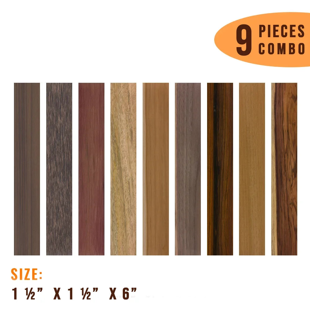 Combo Pack of 9, Multispecies Turning Wood Blanks 1-1/2  x 1-1/2  x 6 inches (Rosewood, Black Palm, Purpleheart, Mango, Cherry, Walnut, Cocobolo, Mahogany, Honduras Rosewood )