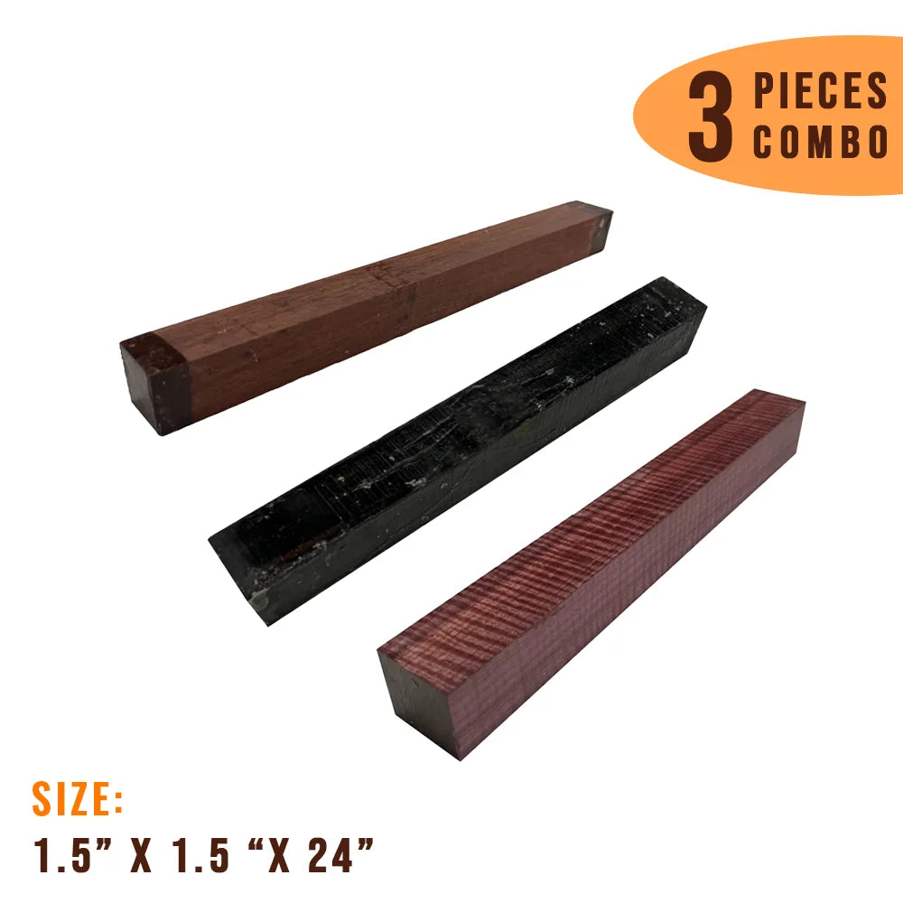 Combo Pack Of 3 Turning Wood Blanks 1-1/2&quot; x 1-1/2&quot; x 24&quot; ( Ebony ,Honduras Rosewood, Flame Purpleheart) - Exotic Wood Zone - Buy online Across USA 