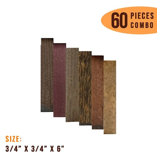 Combo Pack of 60, 3/4&quot;x3/4&quot;x6&quot; Pen Wood Blanks (Rosewood,Black Palm,Padauk,Purpleheart,Walnut,Mango) - Exotic Wood Zone - Buy online Across USA 