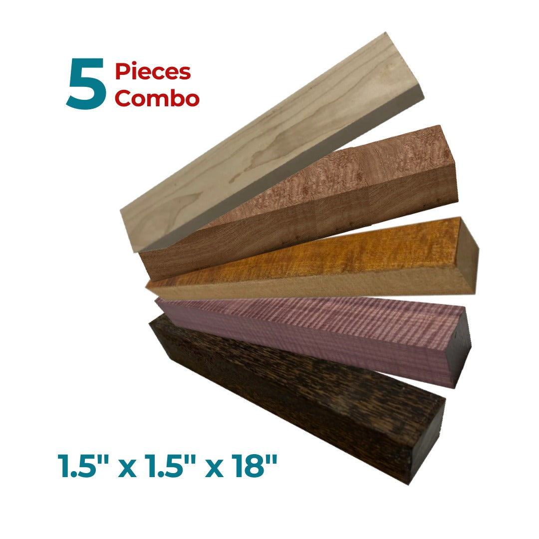 Pack Of 5 Turning Wood Blanks/Square Wood Blocks, Size 1-1/2&quot;x1-1/2&quot;x18&quot; ( Black Palm,Flame Purpleheart, Flame Maple, Quilted Sapele, Flame mahogany) - Exotic Wood Zone - Buy online Across USA 