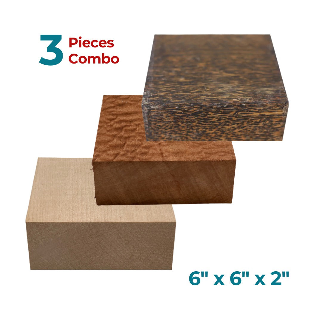 Combo Pack of 3, Bowl Blanks 6&quot; x 6&quot; x 2&quot; (Black Palm + Curly Maple + Quilted Curly Sapele ) - Exotic Wood Zone - Buy online Across USA 