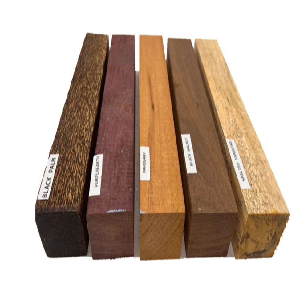 Pack Of 5, Turning Wood Blanks 2&quot; x 2&quot; x 18&quot; | (Spalted Tamarind, Black Palm, Mahogany, Purpleheart, Walnut) - Exotic Wood Zone - Buy online Across USA 
